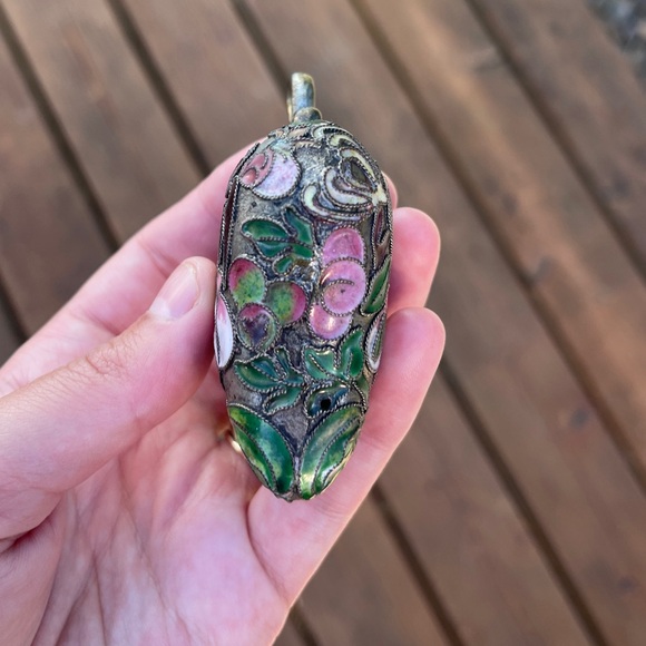 Puffy heart pendant necklace large colorful mosaic floral silver cloisonné - Picture 6 of 11